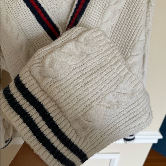 American Eagle Sz M Oversized Cable Knit Button-Up Cardigan Navy, Red & White - Picture 11 of 12